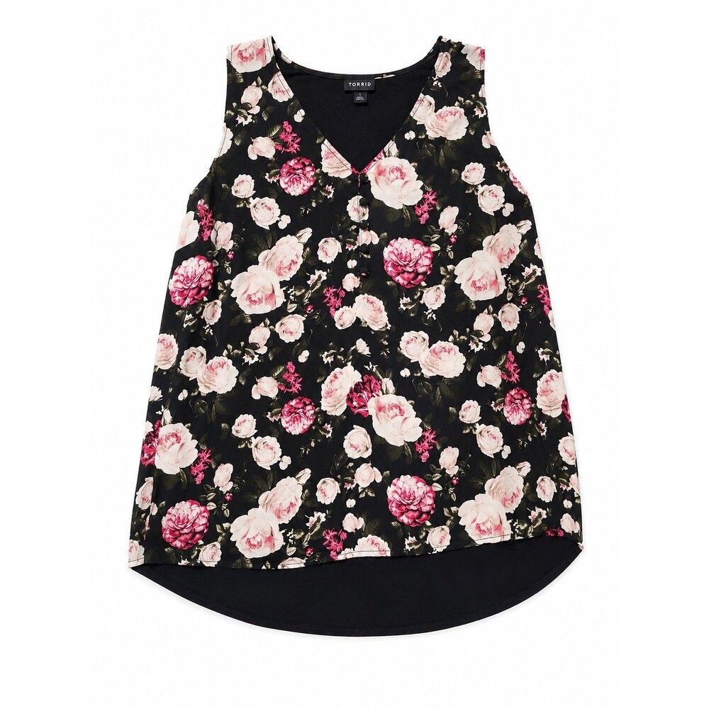 Torrid Floral Sleeveless Hi-Low Blouse Top Women’s Size 1 (1X) Black Pink Roses